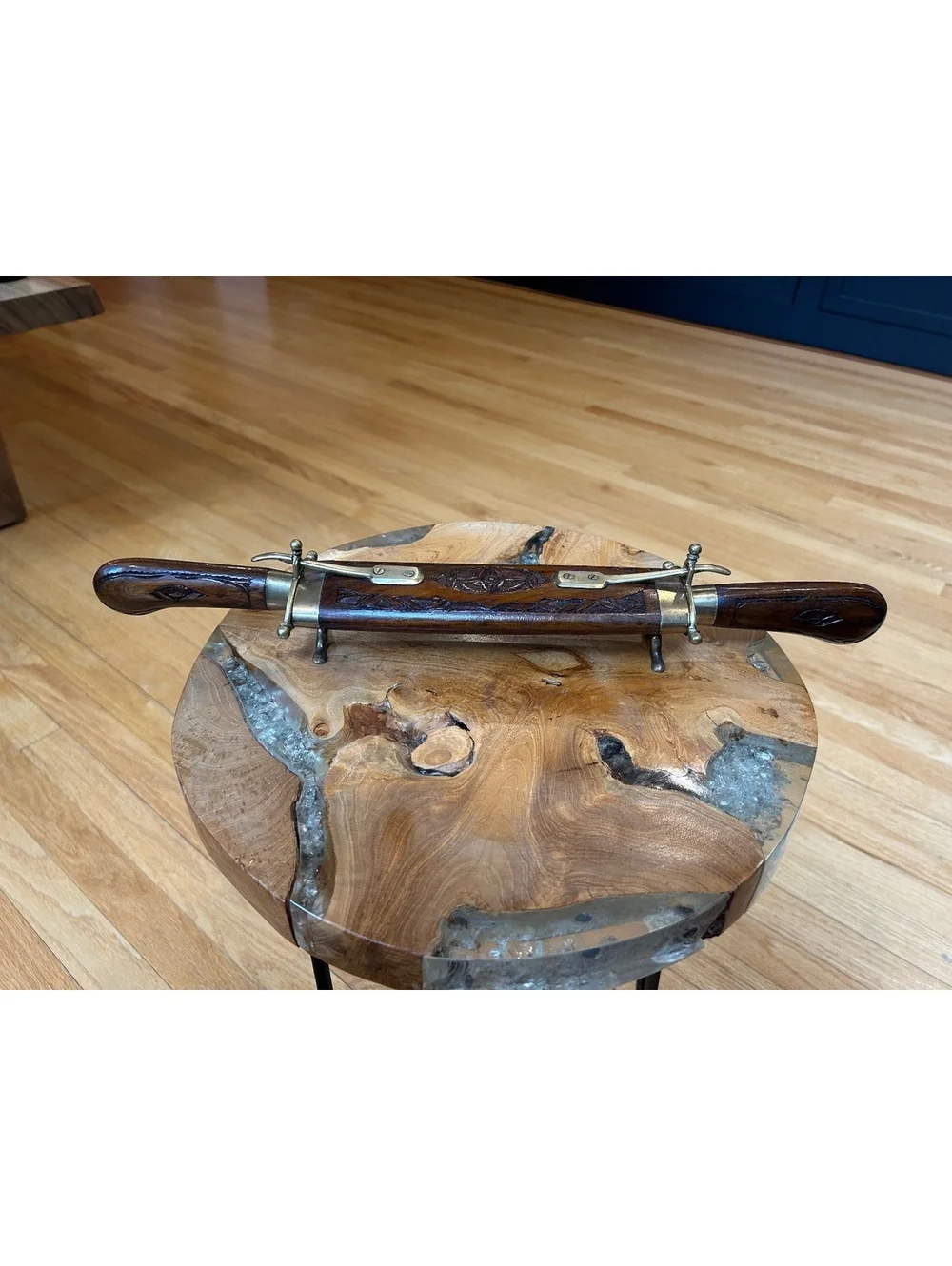 Old Meat Carving Set w/ Brass and Wood Carved Handles and Knife and Fork Stand